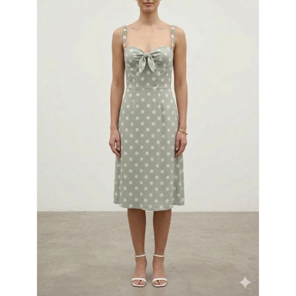 Capulet Sage Green Polka Dot Tie-Front Midi Dress Retro Minimalist Pockets Sz M - Picture 3 of 15
